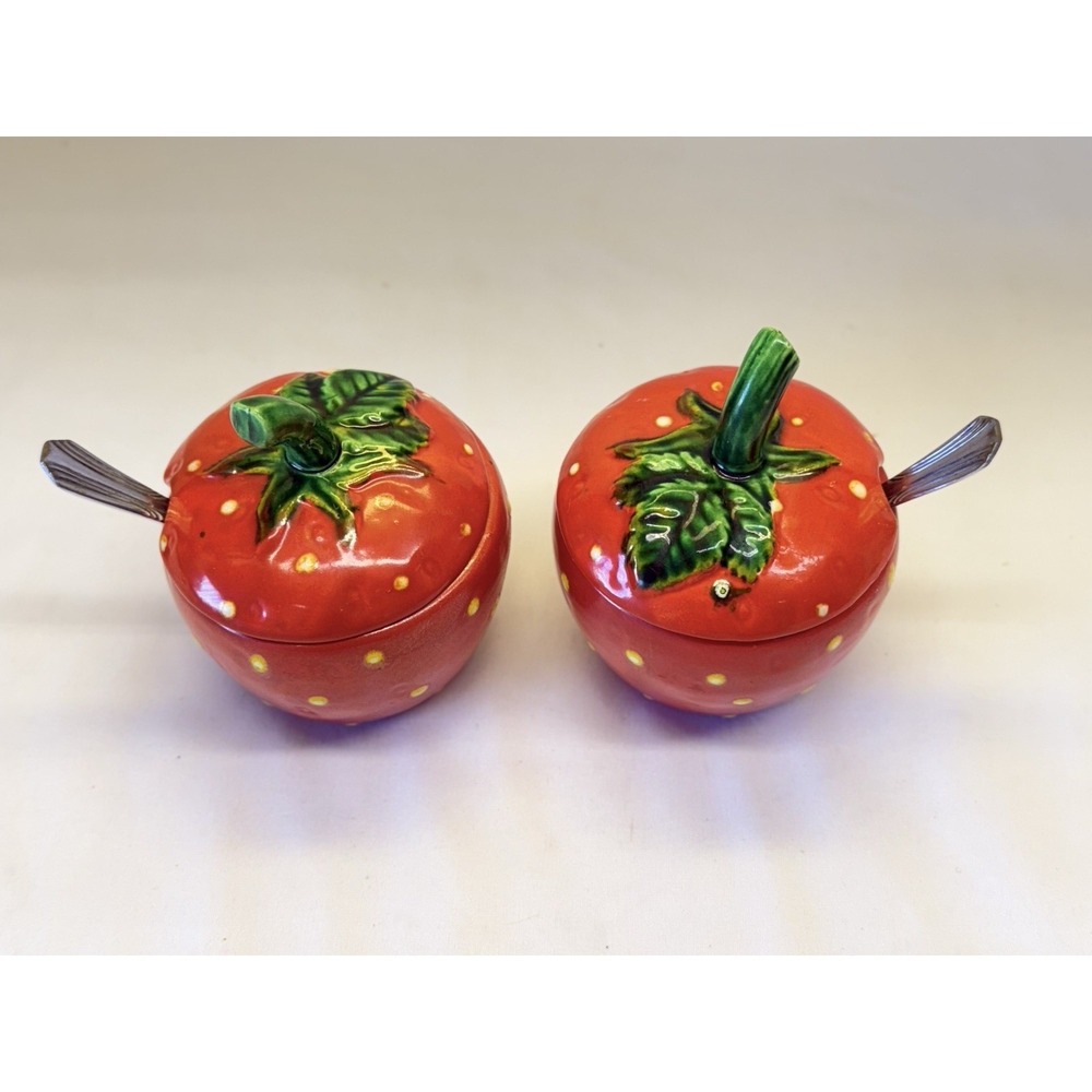 Vintage Strawberry Kitchen Set Caddy Shakers Jam Pots Harry & David Spreaders - Picture 5 of 14